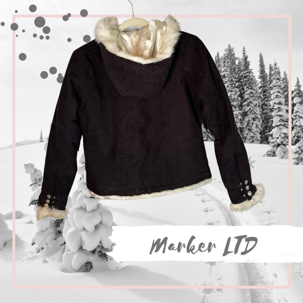 Marker Corduroy Insulated Black Ski Snow Hooded Jacket with faux fur